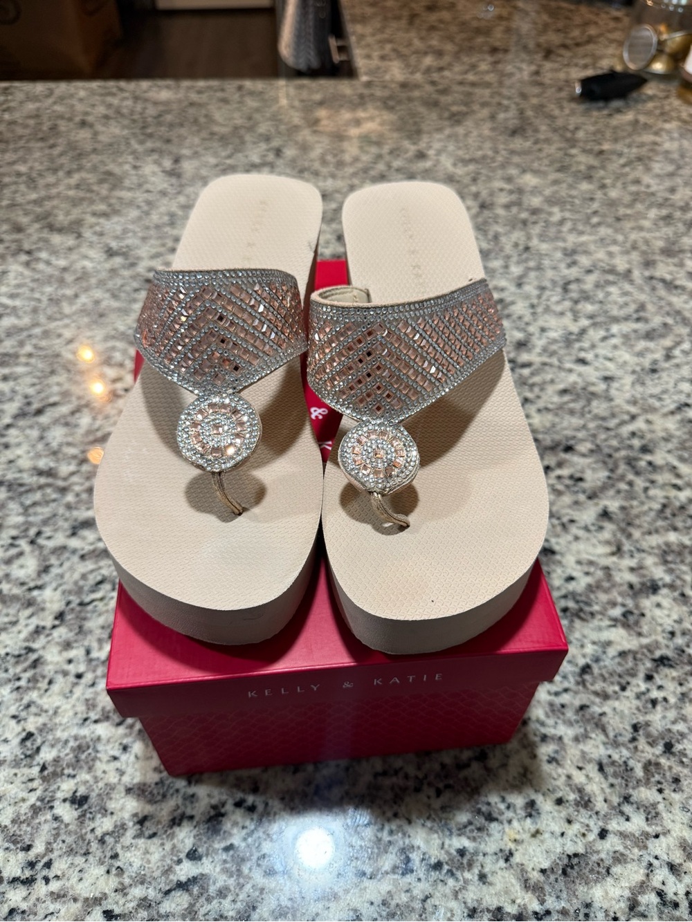 Kelly & Katie Beige Wedge Sandals with Crystal Embellishments